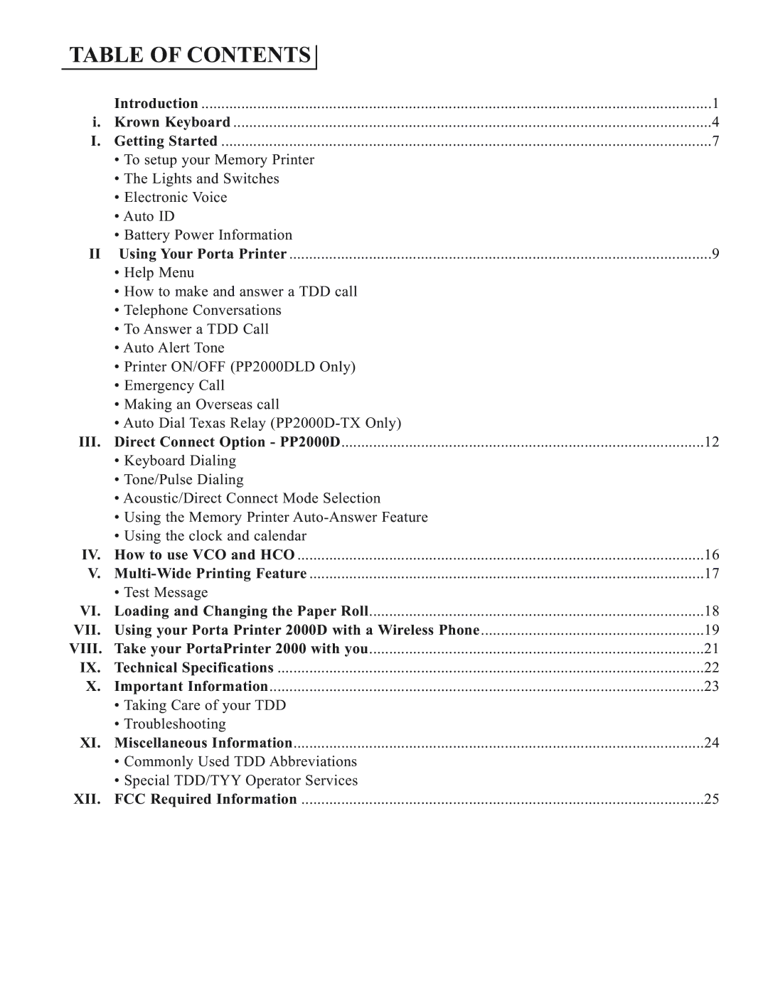 Krown Manufacturing 2000 manual Table of Contents 