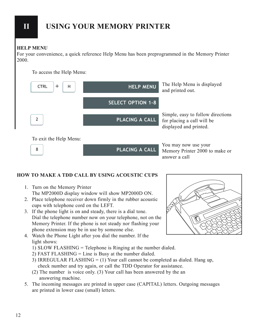 Krown Manufacturing 2000DX, 2000DLD manual II Using Your Memory Printer, Help Menu, Select Option, Placing a Call 