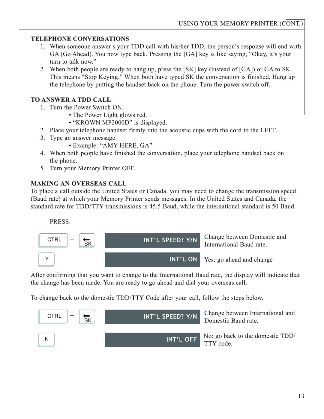 Krown Manufacturing 2000DLD, 2000DX manual Int’L Speed? Y/N, INT’L on, Int’L Off 