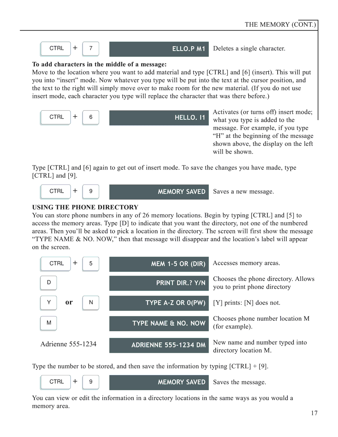 Krown Manufacturing 2000DLD, 2000DX manual ELLO.P M1, Using the Phone Directory, MEM 1-5 or DIR, Adrienne 555-1234 DM 