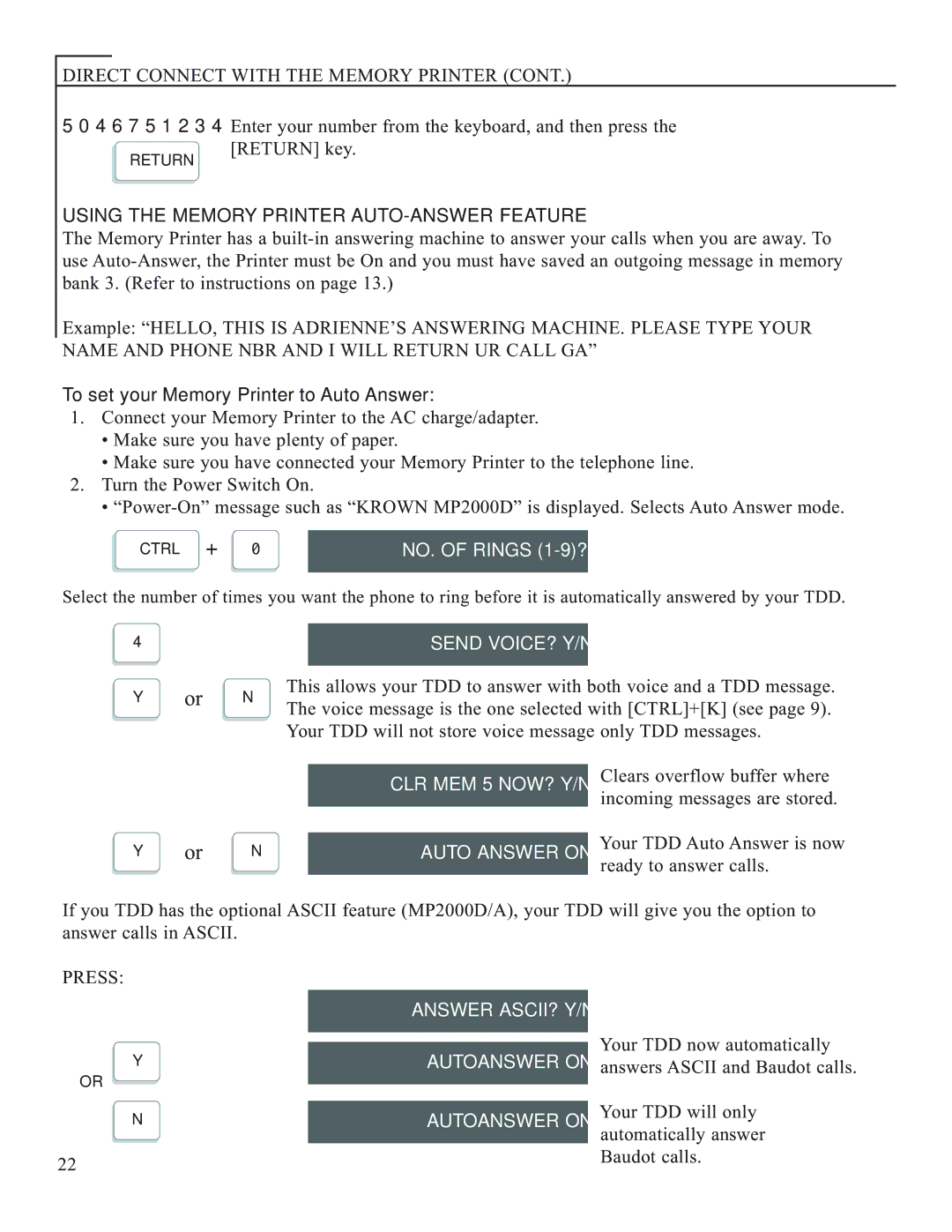 Krown Manufacturing 2000DLD, 2000DX Send VOICE? Y/N, CLR MEM 5 NOW? Y/N, Auto Answer on, Answer ASCII? Y/N, Autoanswer on 