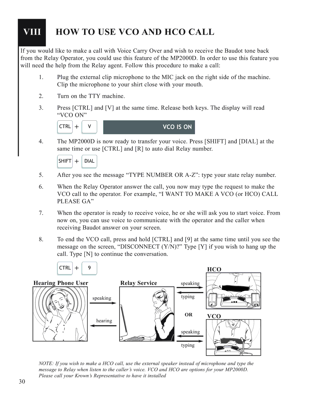 Krown Manufacturing 2000DX manual Viii HOW to USE VCO and HCO Call, VCO is on, Hearing Phone User Relay Service, Hco, Vco 