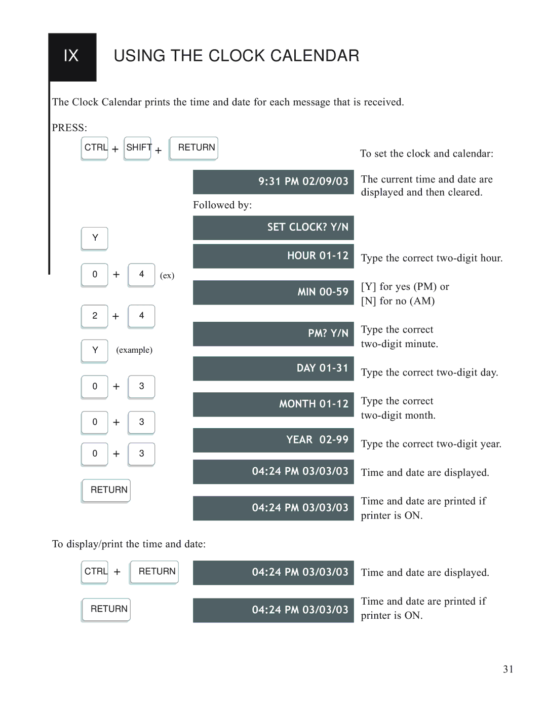 Krown Manufacturing 2000DLD, 2000DX manual IX Using the Clock Calendar, Set Clock? Y/N, Pm? Y/N 