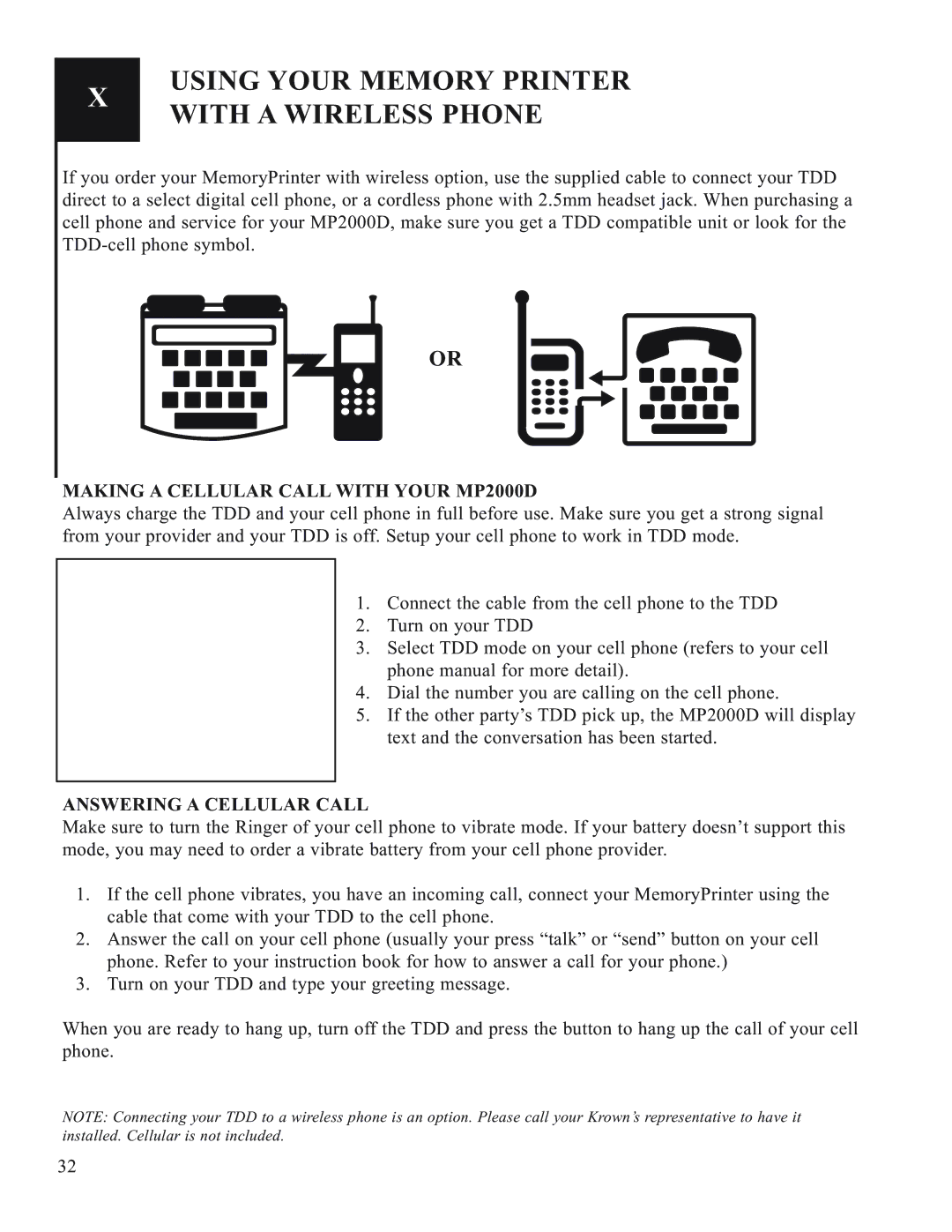 Krown Manufacturing 2000DLD Using Your Memory Printer with a Wireless Phone, Making a Cellular Call with Your MP2000D 