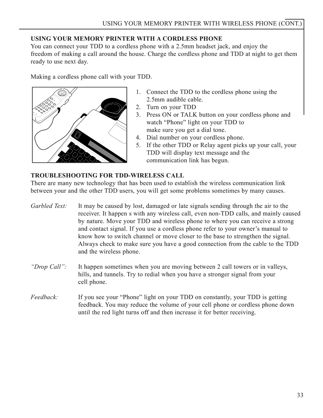 Krown Manufacturing 2000DX Using Your Memory Printer with Wireless Phone, Using Your Memory Printer with a Cordless Phone 