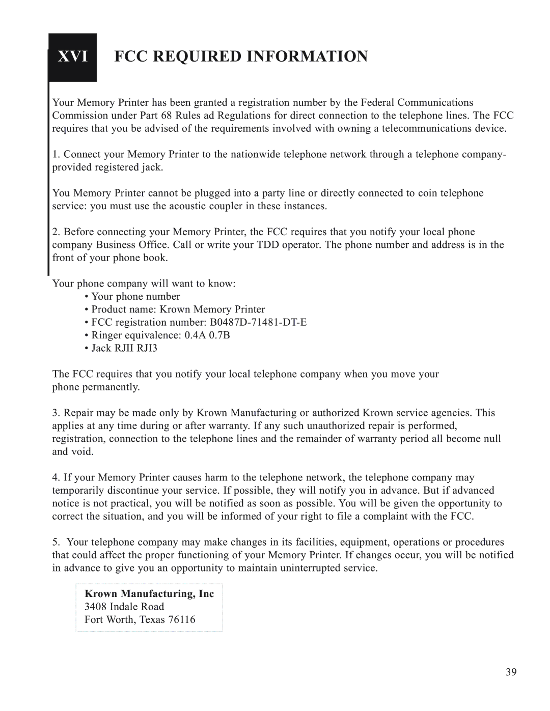 Krown Manufacturing 2000DX, 2000DLD manual XVI FCC Required Information, Krown Manufacturing, Inc 