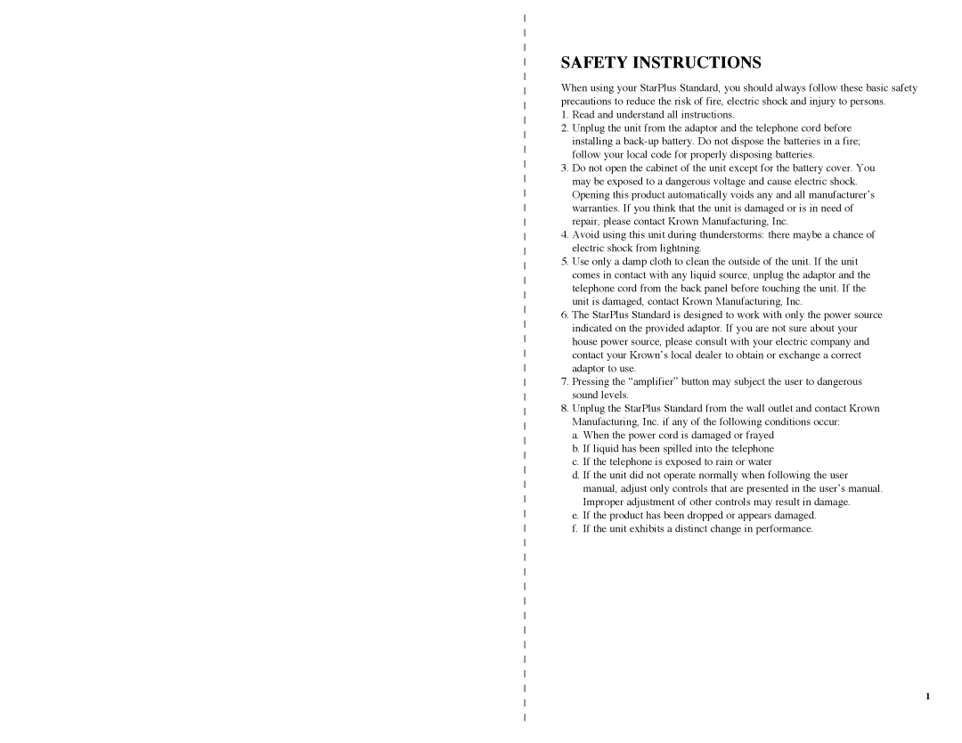 Krown Manufacturing Amplified Speaker Telephone instruction manual Safety Instructions 