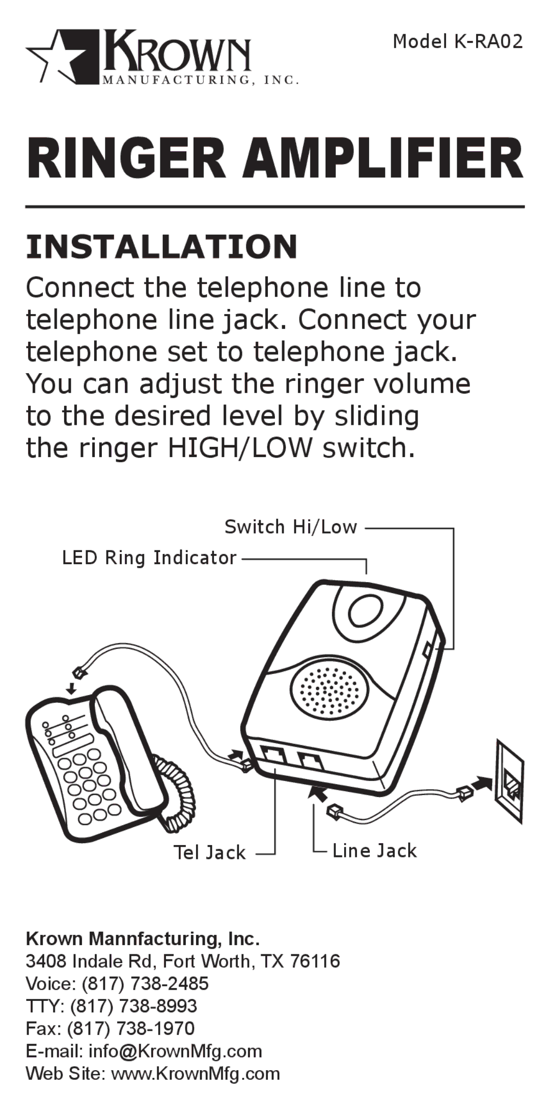 Krown Manufacturing K-RA02 manual Ringer Amplifier 
