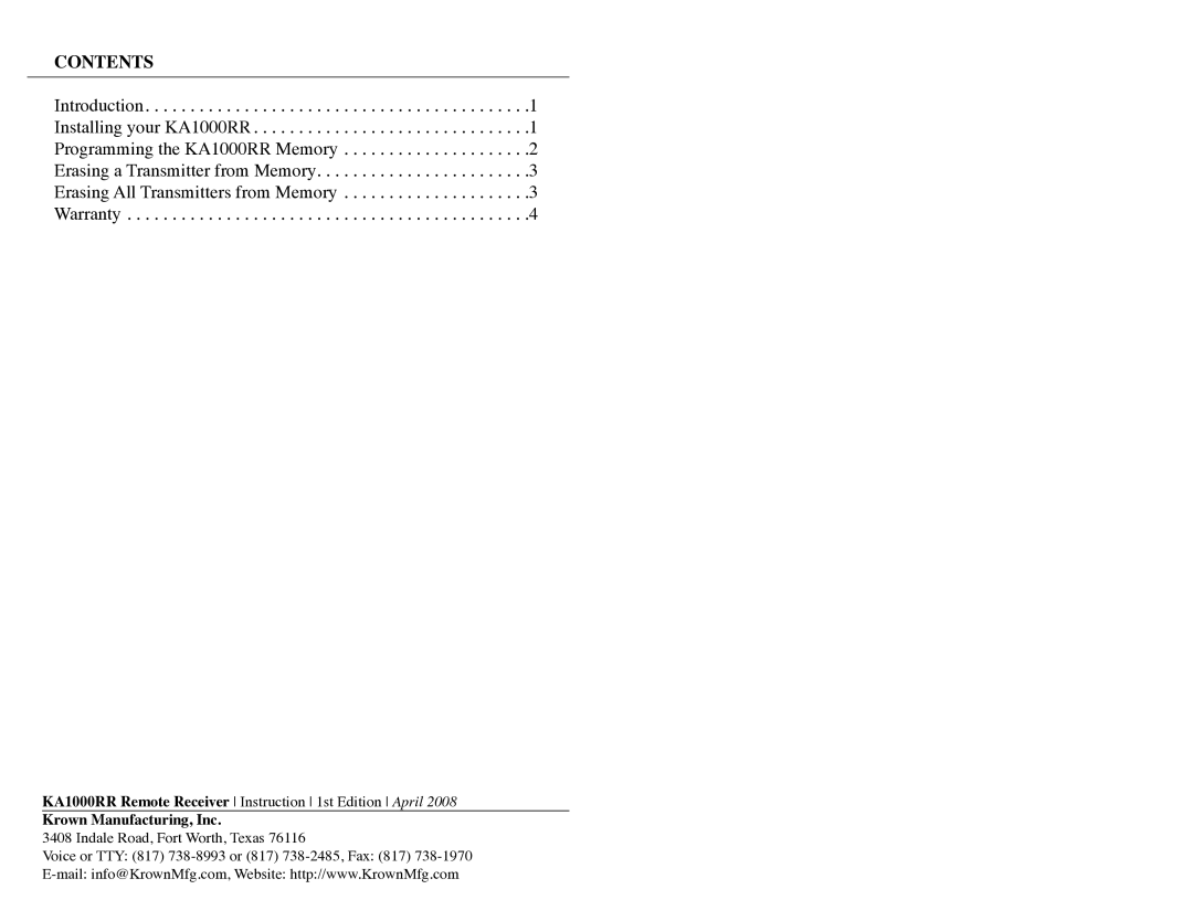 Krown Manufacturing KA1000RR instruction manual Contents 