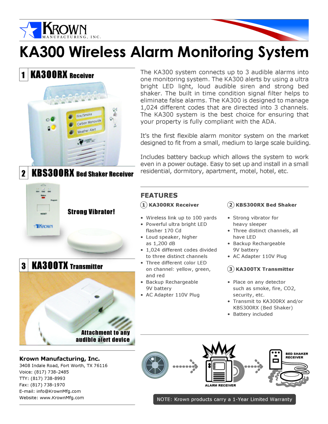 Krown Manufacturing KA300TX warranty KA300 Wireless Alarm Monitoring System, KA300RX Receiver, Features 