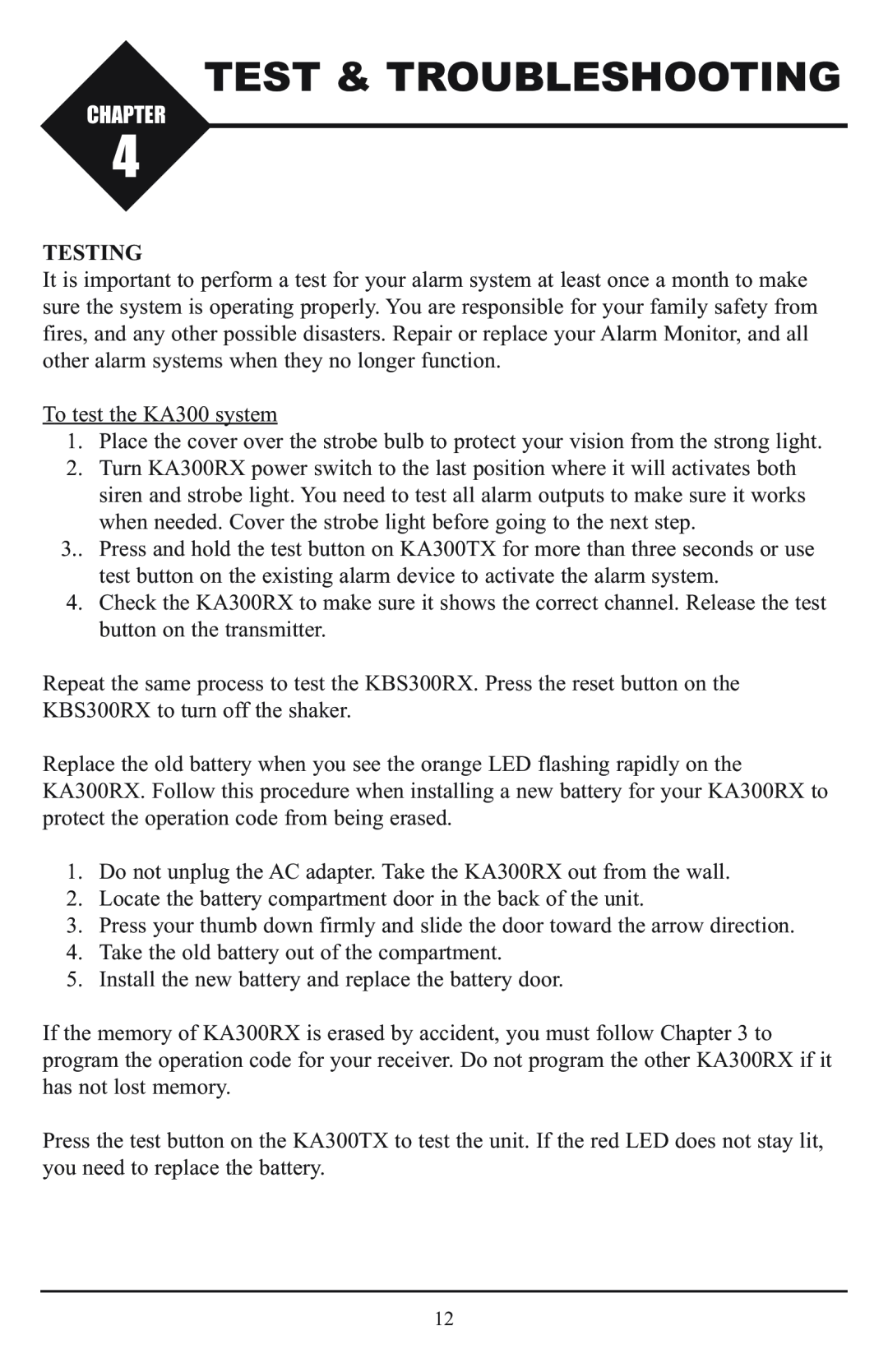 Krown Manufacturing KBS300RX instruction manual Test & Troubleshooting, Chapter, Testing 