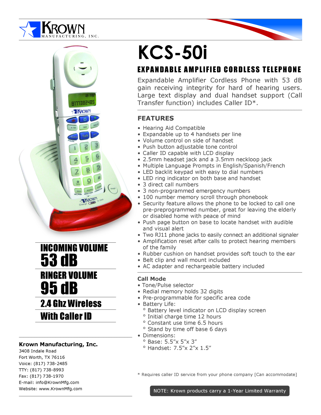 Krown Manufacturing KCS-50i warranty 53 dB, 95 dB, Incoming Volume, Ringer Volume, Ghz Wireless With Caller ID, Features 