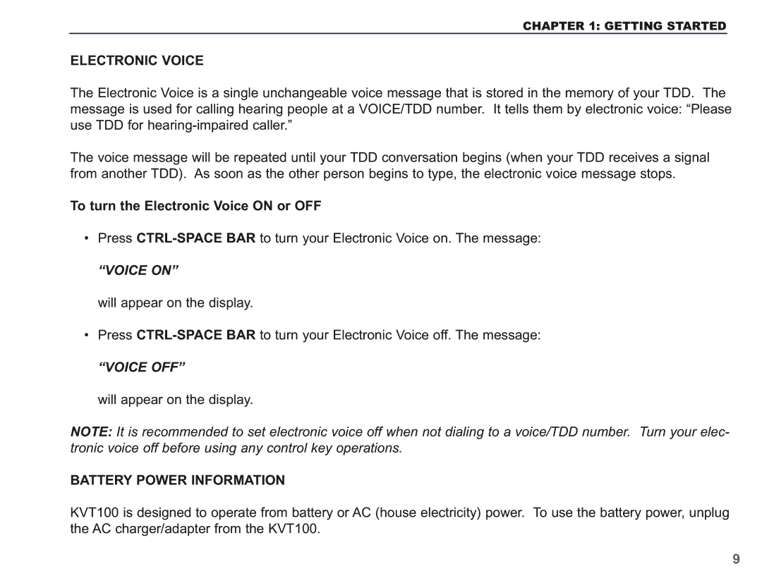 Krown Manufacturing KVT100 To turn the Electronic Voice on or OFF, Voice OFF, Battery Power Information 