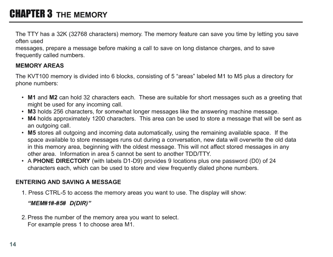 Krown Manufacturing KVT100 instruction manual Memory Areas, Entering and Saving a Message, MEM#1#-#5# Ddir 