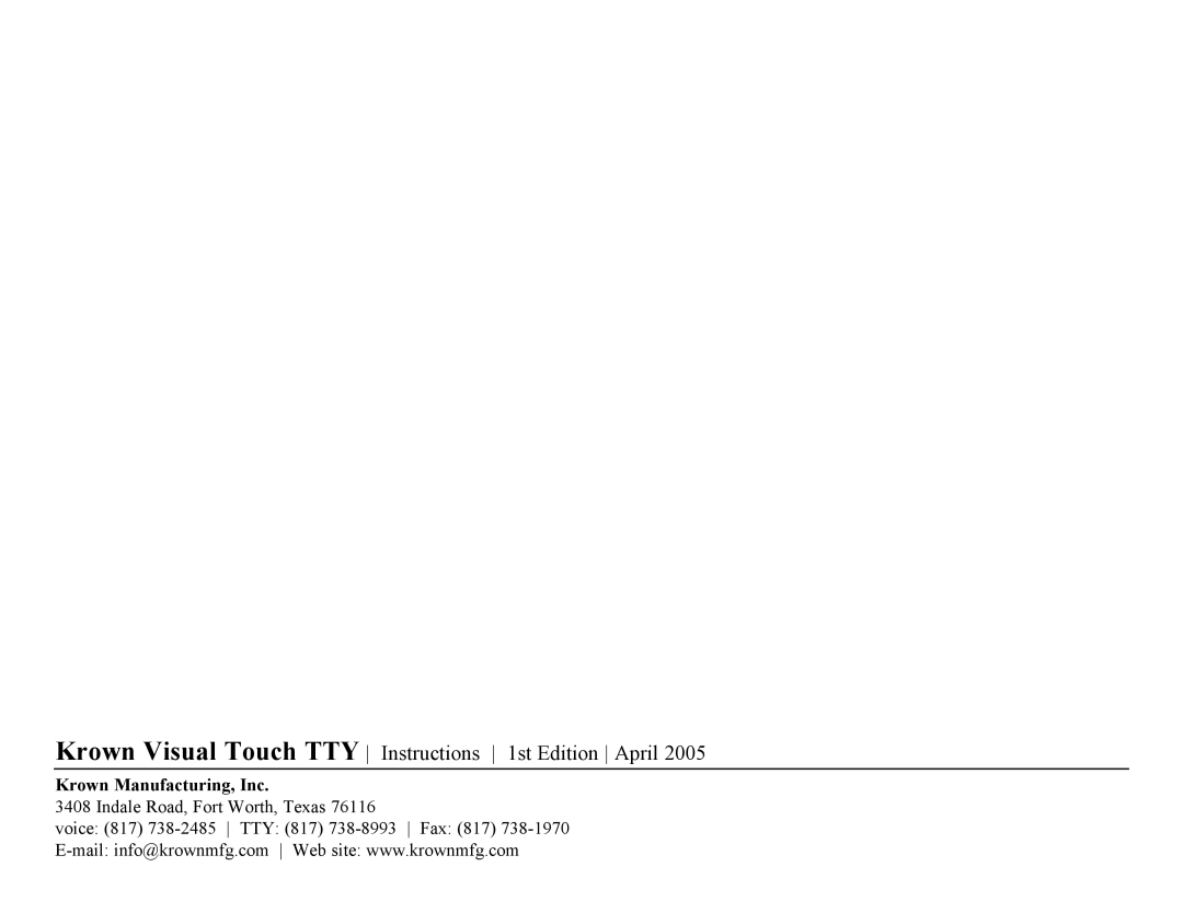 Krown Manufacturing KVT100 instruction manual Krown Visual Touch TTY Instructions 1st Edition April 