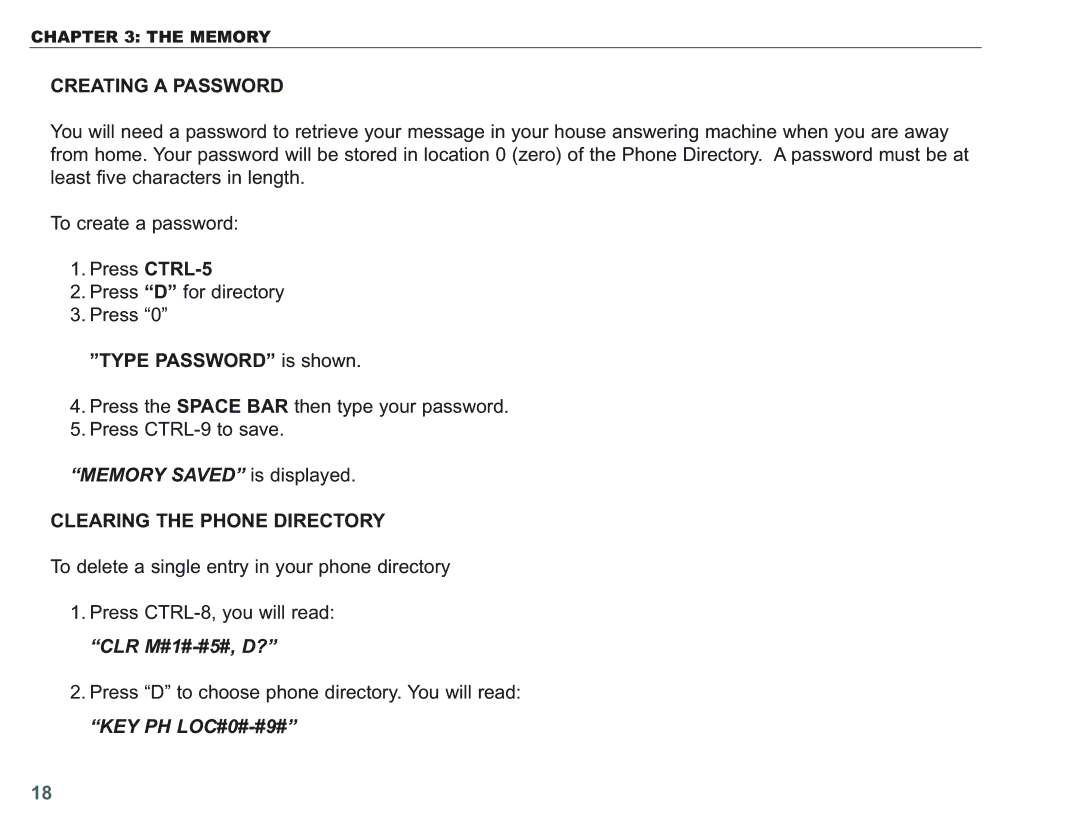 Krown Manufacturing KVT100 Creating a Password, Memory Saved is displayed, Clearing the Phone Directory, CLR M#1#-#5#, D? 