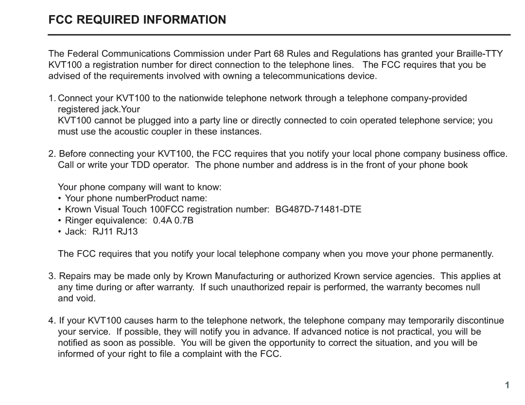 Krown Manufacturing KVT100 instruction manual FCC Required Information 