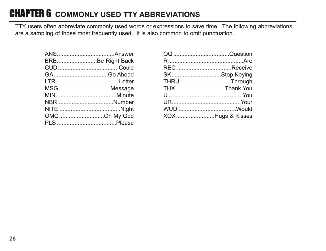 Krown Manufacturing KVT100 instruction manual Commonly Used TTY Abbreviations, Brb 