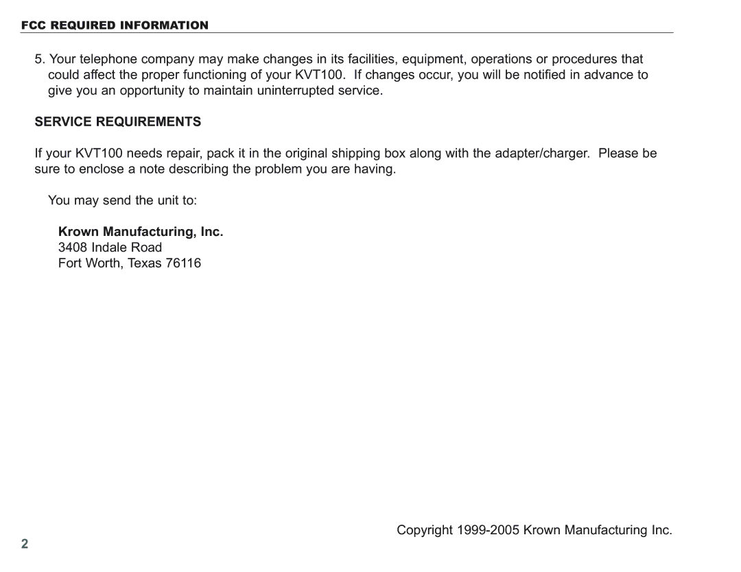 Krown Manufacturing KVT100 instruction manual Service Requirements, Krown Manufacturing, Inc 