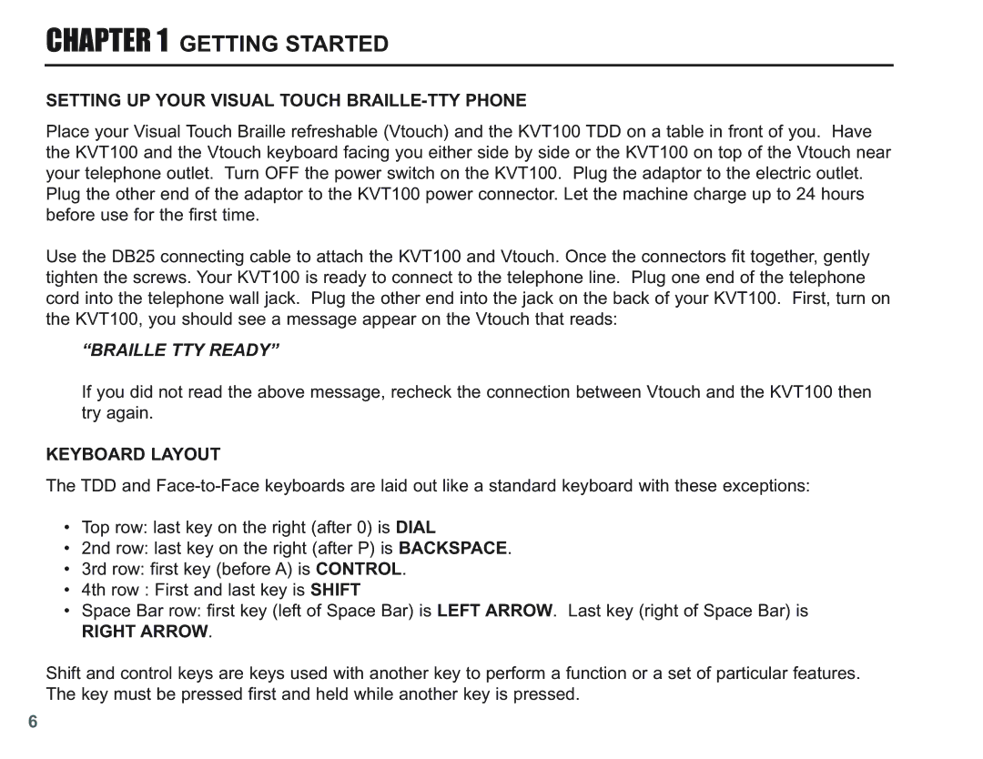 Krown Manufacturing KVT100 Getting Started, Setting UP Your Visual Touch BRAILLE-TTY Phone, Braille TTY Ready, Right Arrow 