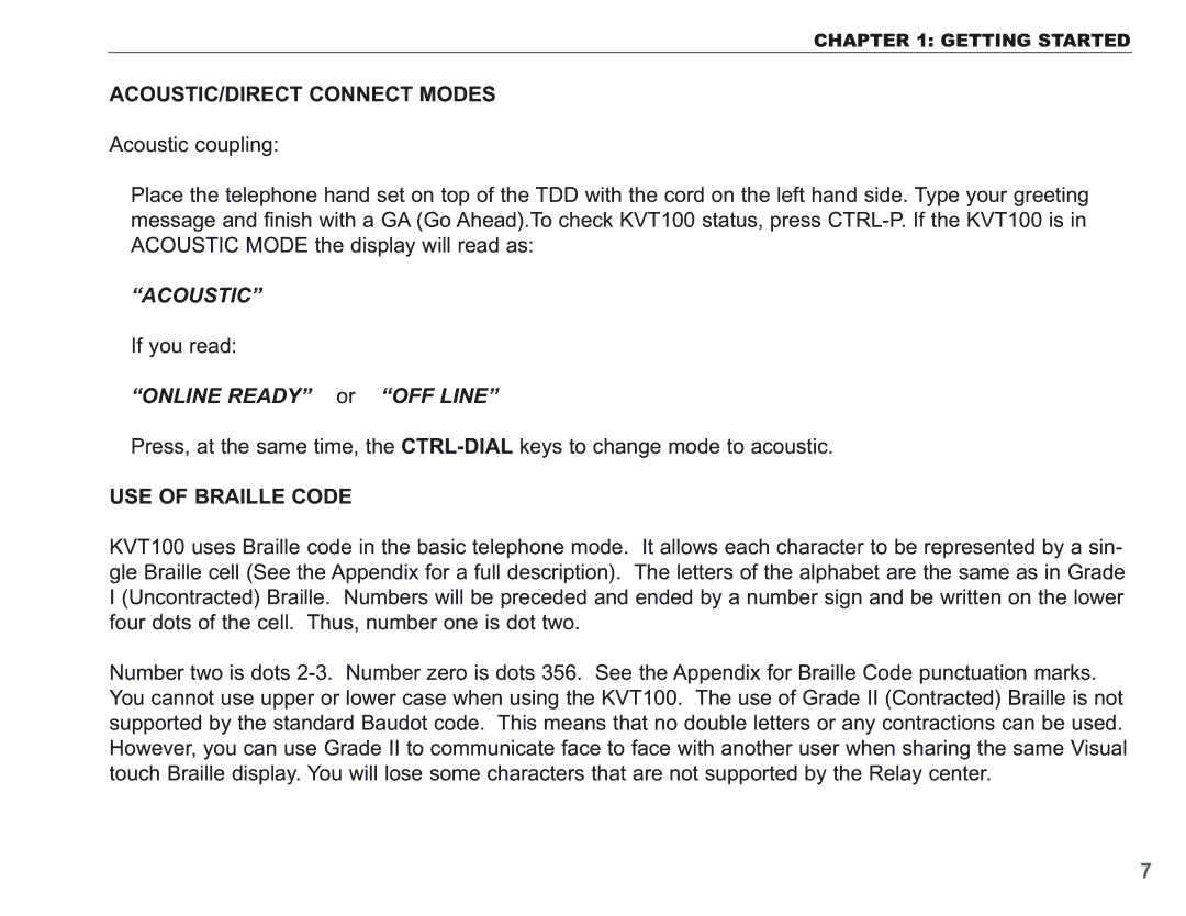 Krown Manufacturing KVT100 ACOUSTIC/DIRECT Connect Modes, Acoustic, Online Ready or OFF Line, USE of Braille Code 