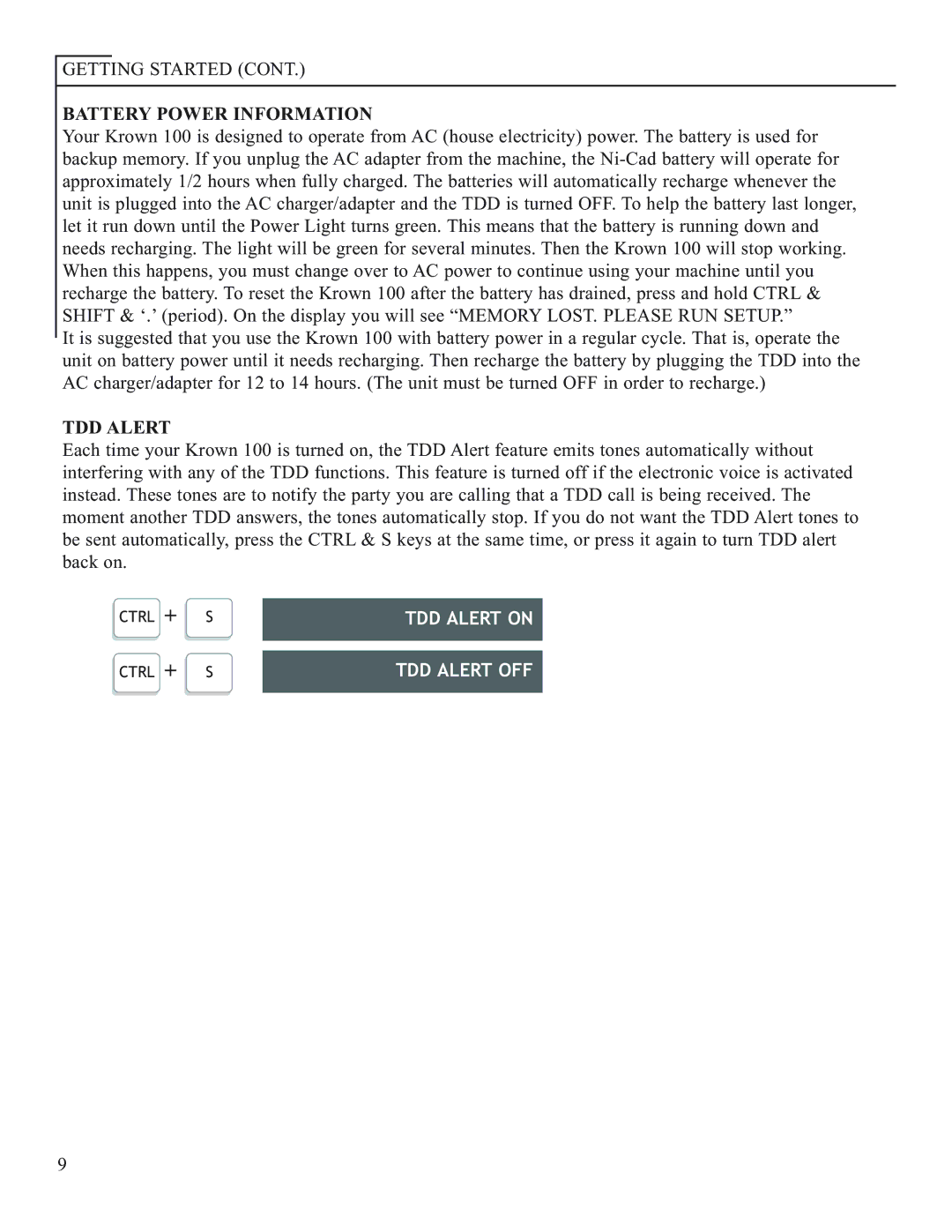 Krown Manufacturing Model Krown 100 manual Battery Power Information, TDD Alert on, TDD Alert OFF 