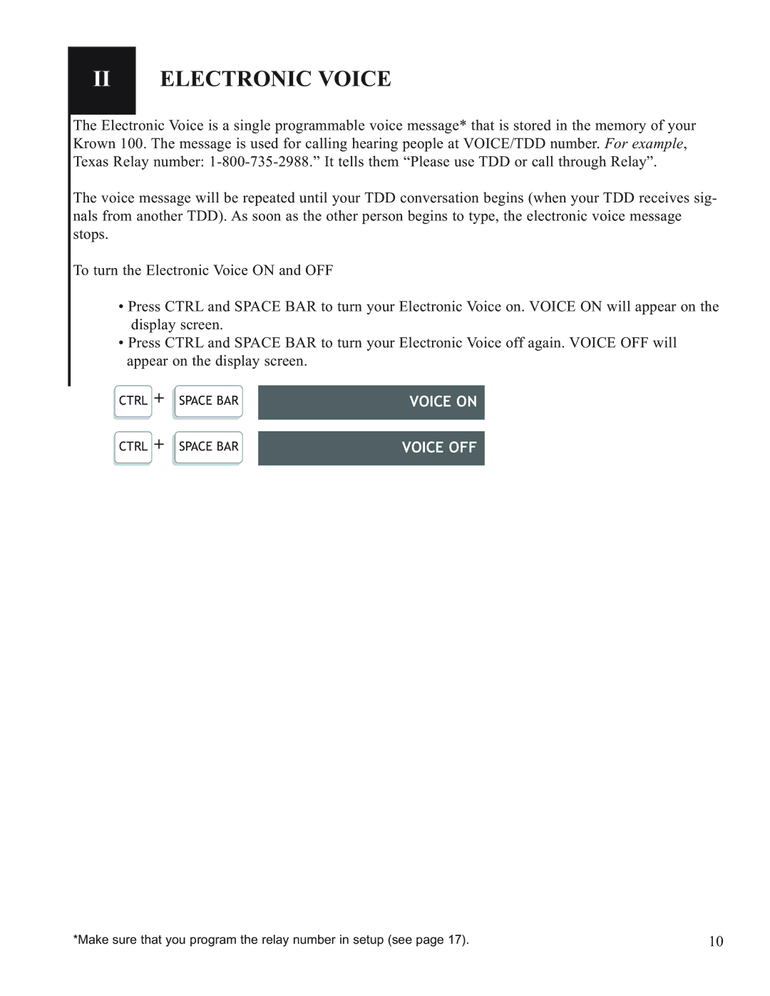 Krown Manufacturing Model Krown 100 manual II Electronic Voice, Voice on, Voice OFF 