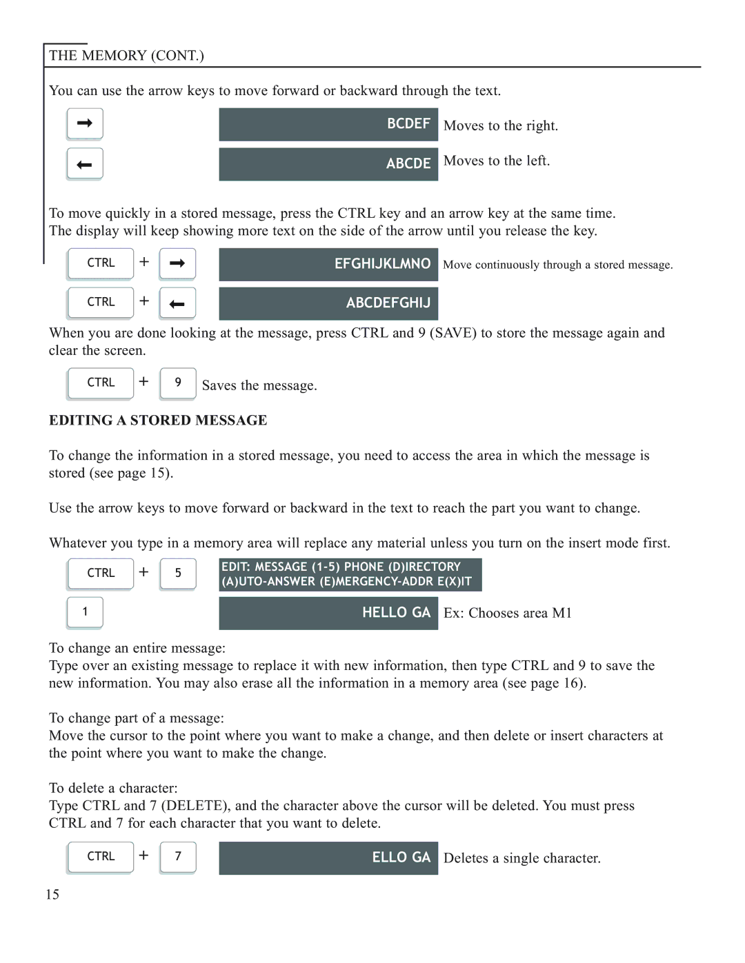 Krown Manufacturing Model Krown 100 manual Efghijklmno, Abcdefghij, Editing a Stored Message, Hello GA, Ello GA 