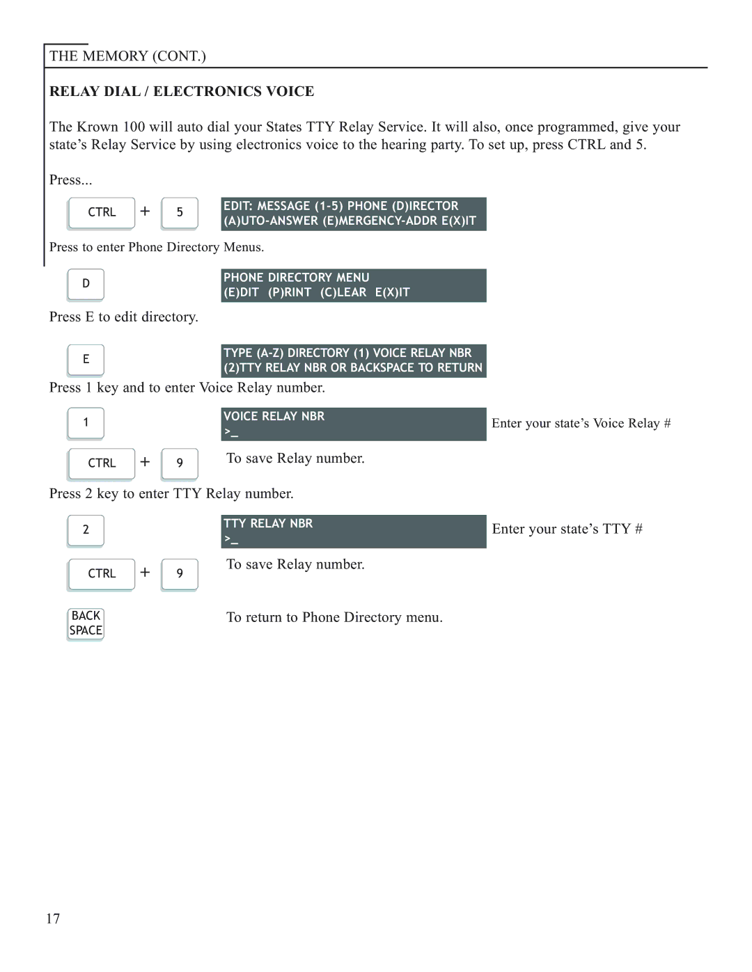 Krown Manufacturing Model Krown 100 manual Relay Dial / Electronics Voice, Press E to edit directory 
