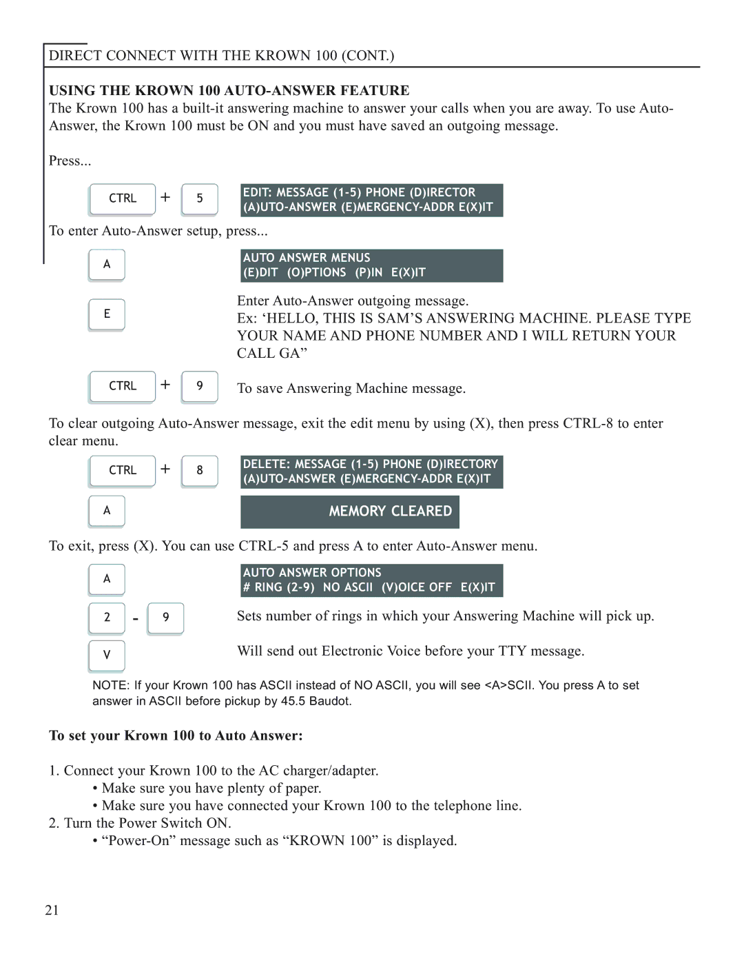 Krown Manufacturing Model Krown 100 manual Using the Krown 100 AUTO-ANSWER Feature, Memory Cleared 