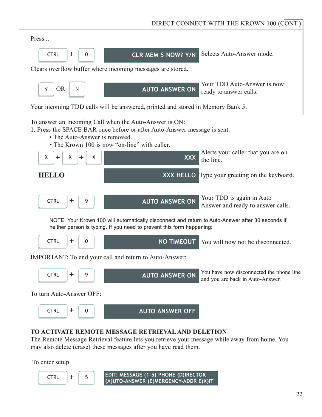 Krown Manufacturing Model Krown 100 manual CLR MEM 5 NOW? Y/N, Auto Answer on, No Timeout, Auto Answer OFF 