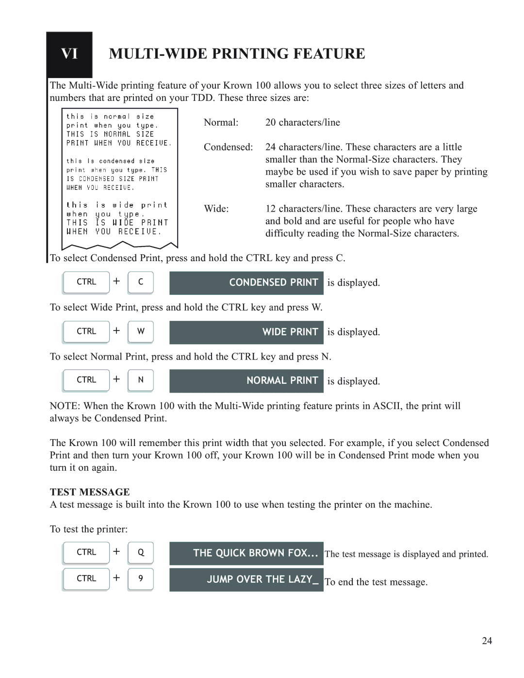 Krown Manufacturing Model Krown 100 manual VI MULTI-WIDE Printing Feature, Condensed Print, Wide Print, Normal Print 