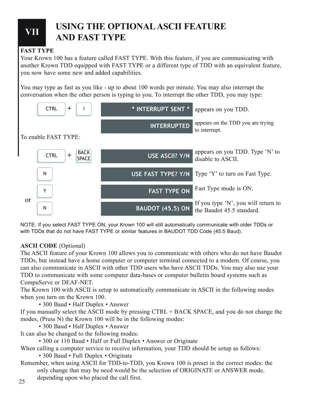 Krown Manufacturing Model Krown 100 manual Using the Optionalascii Feature and Fast Type 