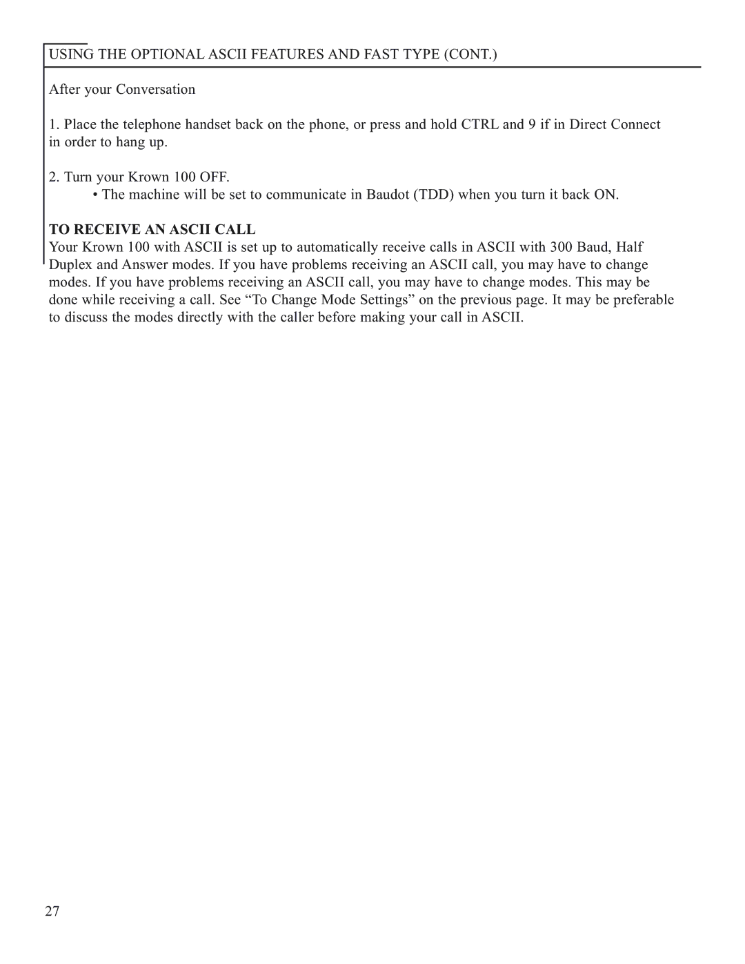 Krown Manufacturing Model Krown 100 manual To Receive AN Ascii Call 