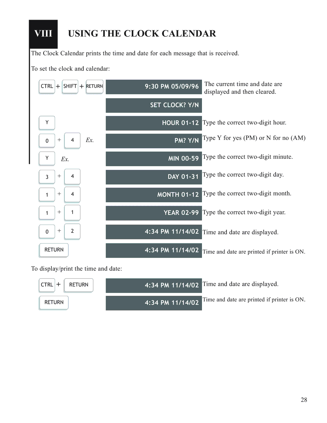 Krown Manufacturing Model Krown 100 manual Viii Using the Clock Calendar, Set Clock? Y/N, Pm? Y/N 