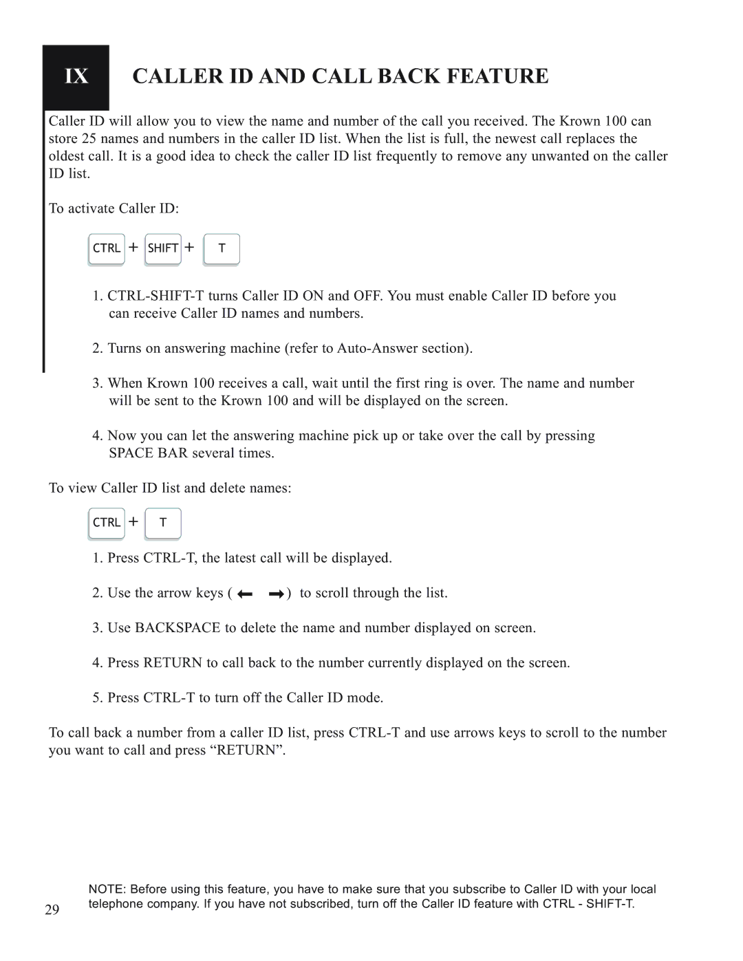 Krown Manufacturing Model Krown 100 manual IX Caller ID and Call Back Feature 