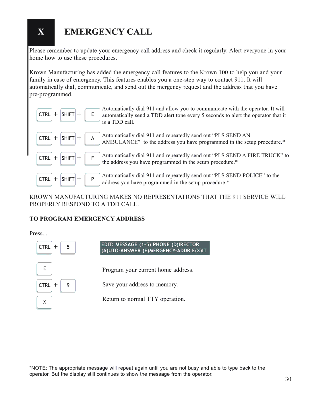 Krown Manufacturing Model Krown 100 manual Emergency Call, To Program Emergency Address 