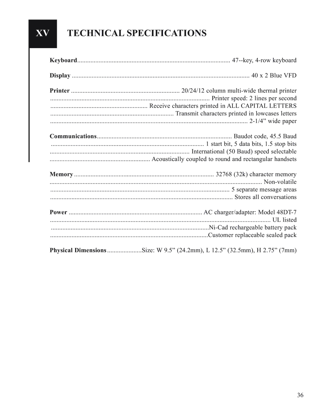 Krown Manufacturing Model Krown 100 manual XV Technical Specifications 