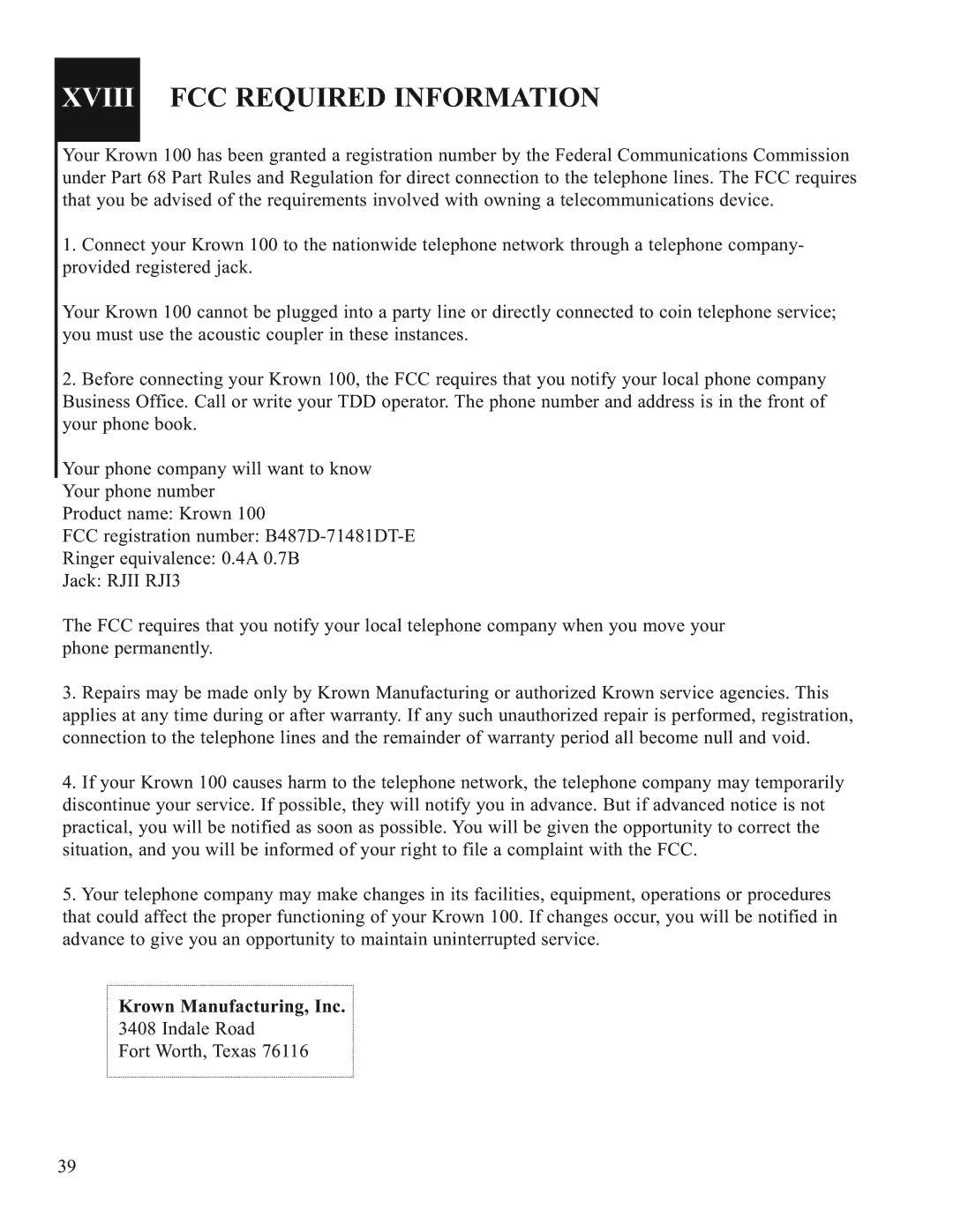 Krown Manufacturing Model Krown 100 manual Xviii FCC Required Information 