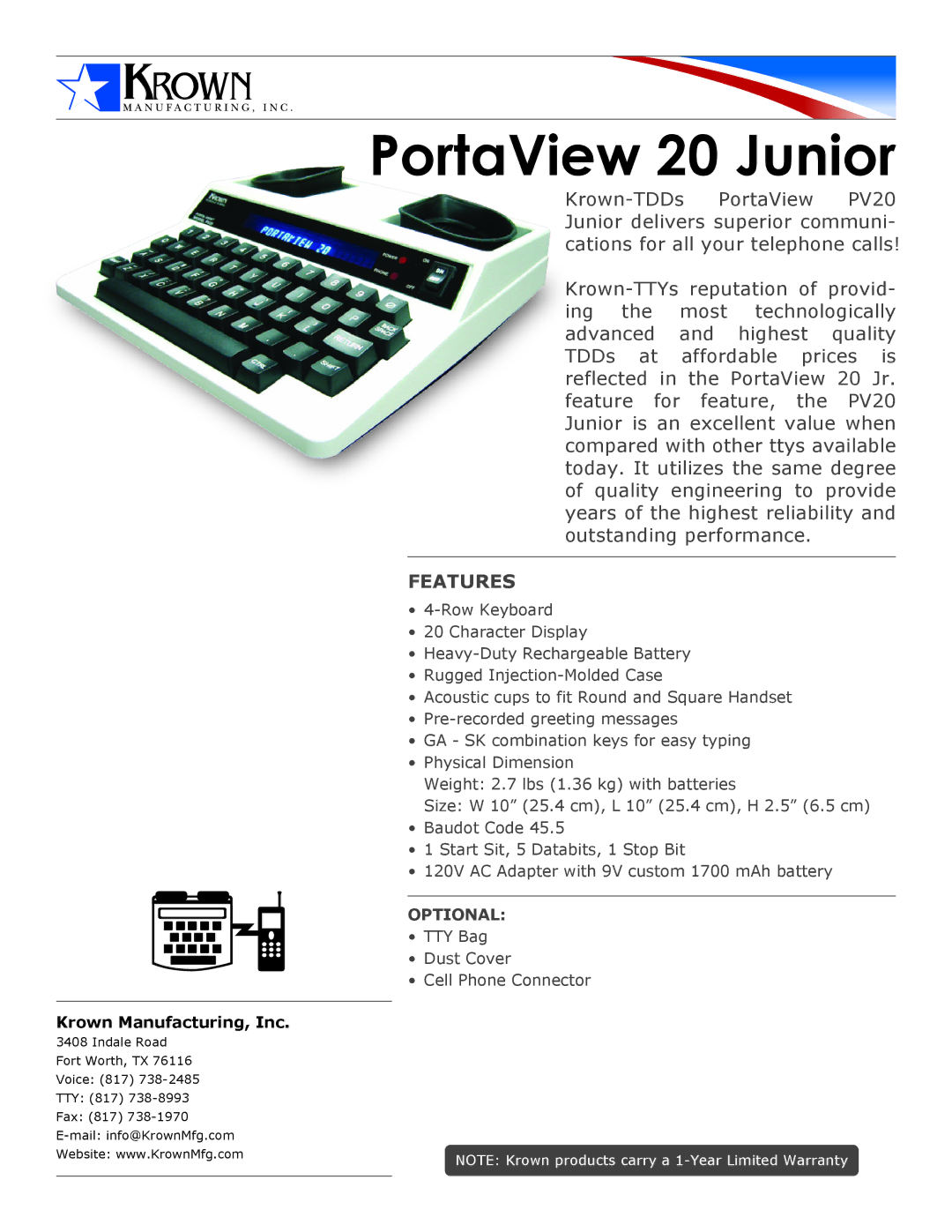 Krown Manufacturing PV20 warranty PortaView 20 Junior, Features, Krown Manufacturing, Inc 