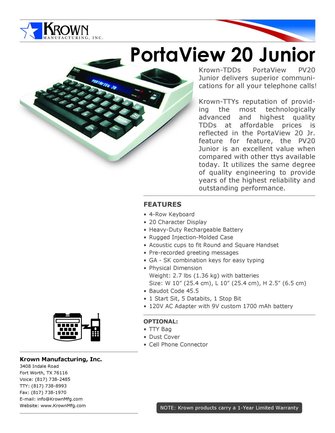 Krown Manufacturing PV20 warranty PortaView 20 Junior, Features 