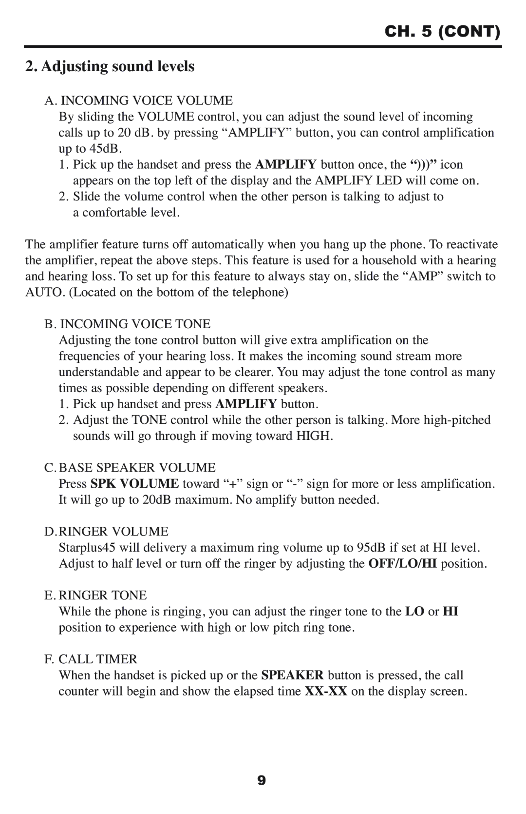 Krown Manufacturing StarPlus-45 Incoming Voice Volume, Incoming Voice Tone, Base Speaker Volume, Ringer Volume, Call Timer 