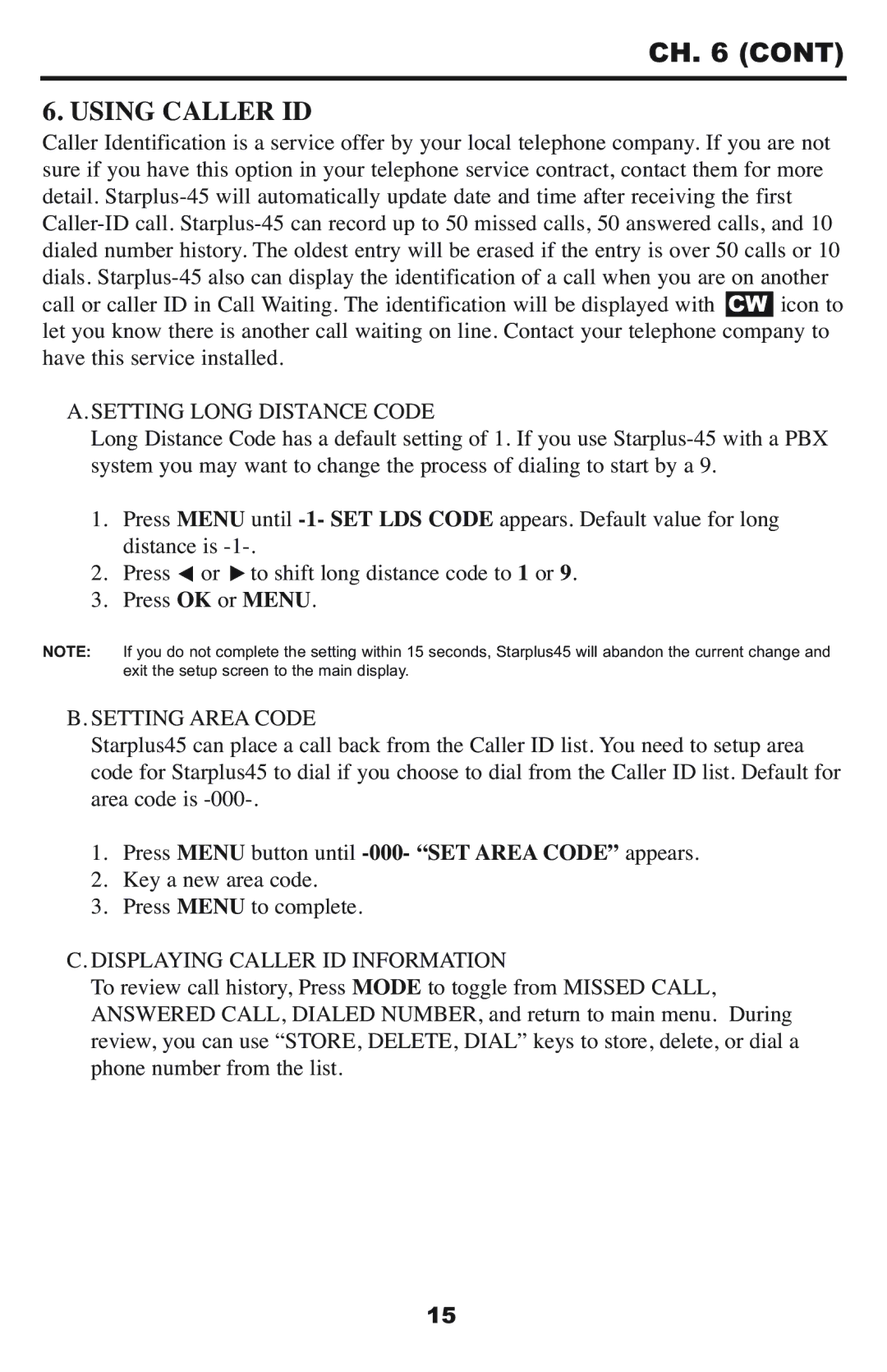 Krown Manufacturing StarPlus-45 owner manual Using Caller ID, Setting Long Distance Code, Setting Area Code 