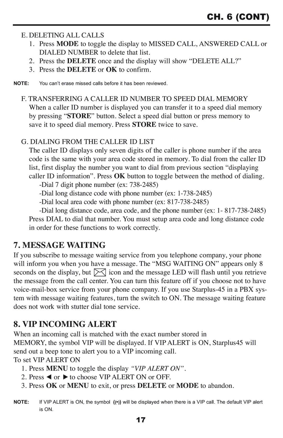 Krown Manufacturing StarPlus-45 Message Waiting, VIP Incoming Alert, Deleting ALL Calls, Dialing from the Caller ID List 