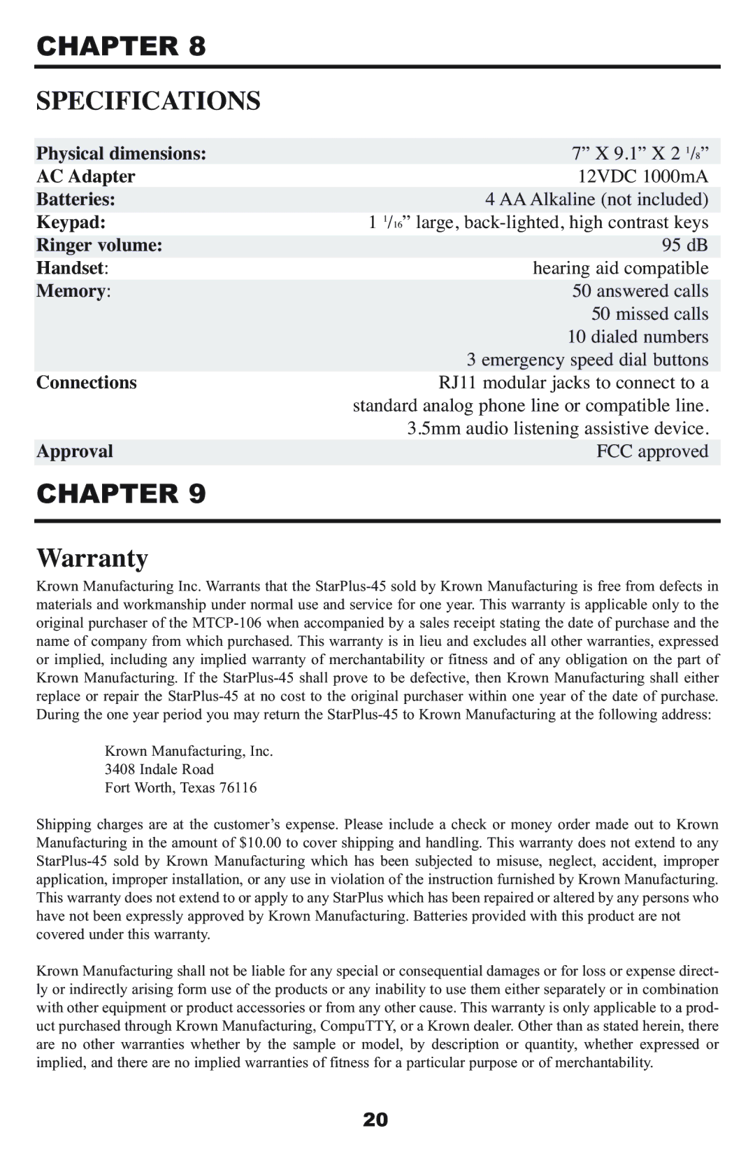 Krown Manufacturing StarPlus-45 owner manual Specifications, Warranty 