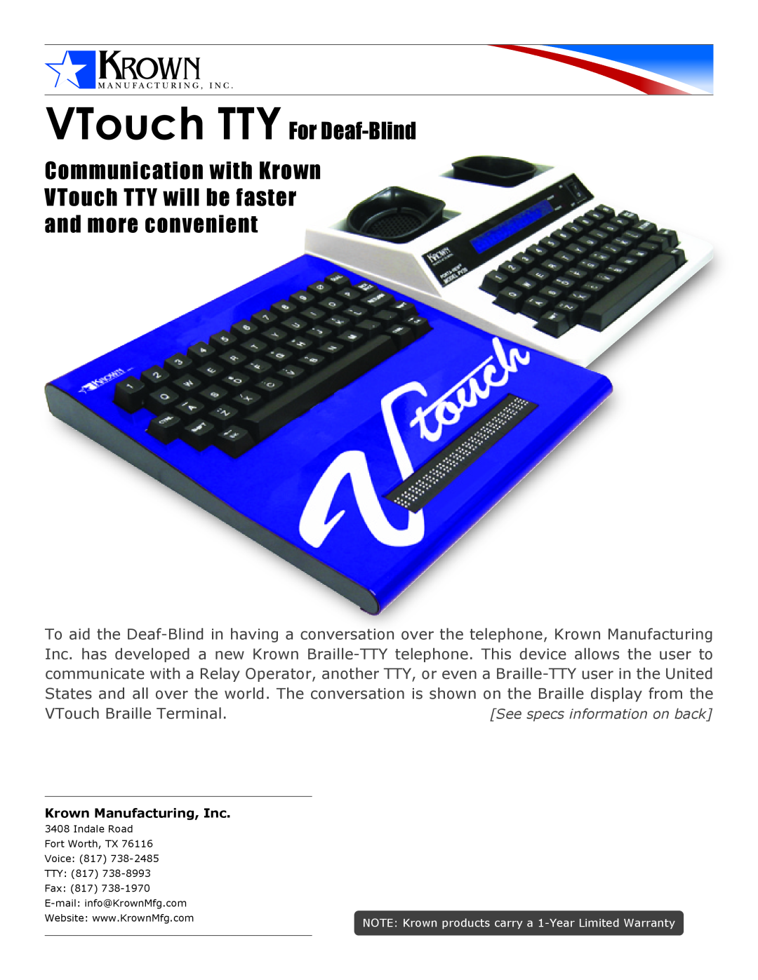 Krown Manufacturing warranty VTouch TTY For Deaf-Blind, Krown Manufacturing, Inc 
