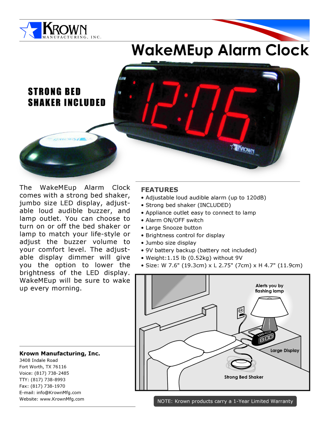 Krown Manufacturing warranty WakeMEup Alarm Clock, Strong BED Shaker Included, Features, Krown Manufacturing, Inc 