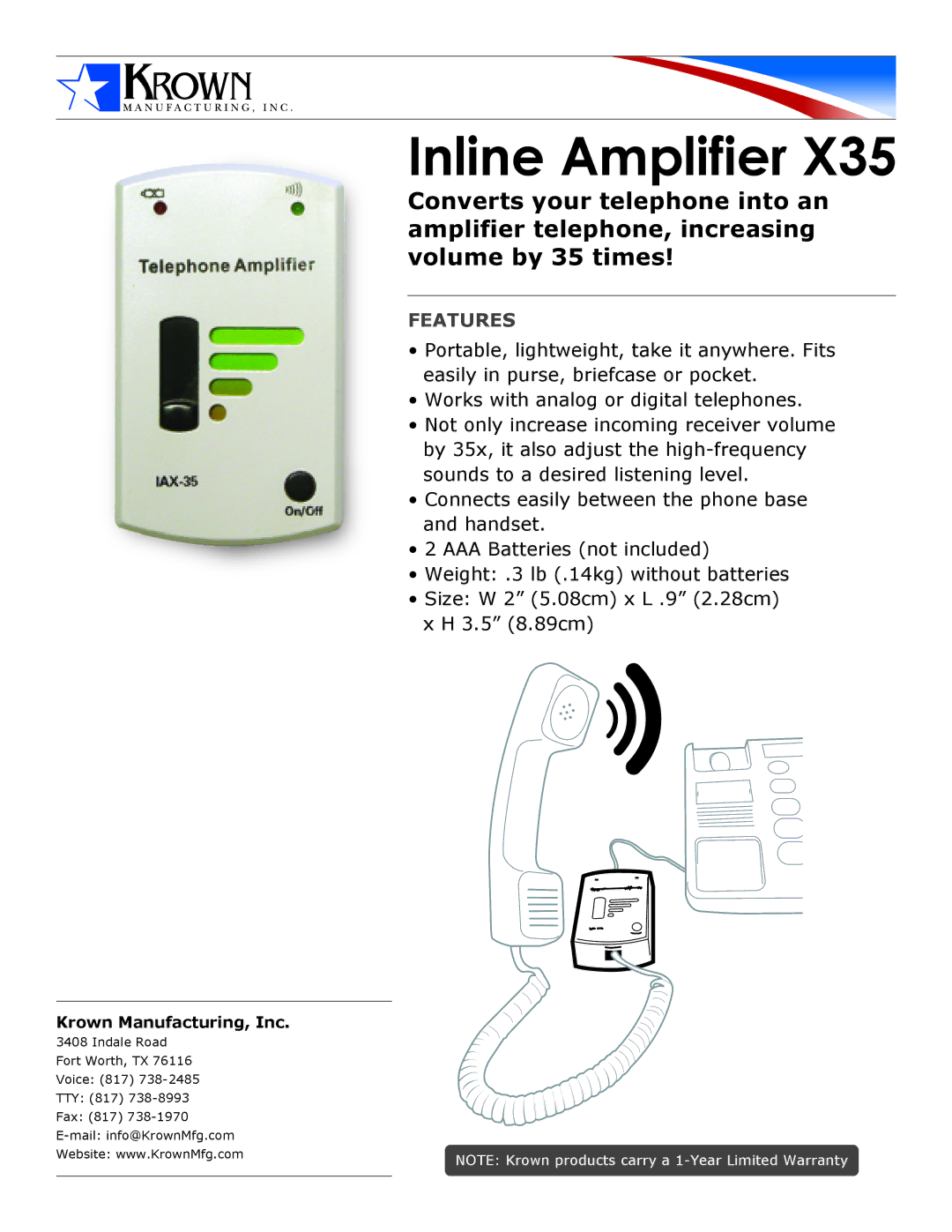 Krown Manufacturing X35 warranty Inline Amplifier, Features 