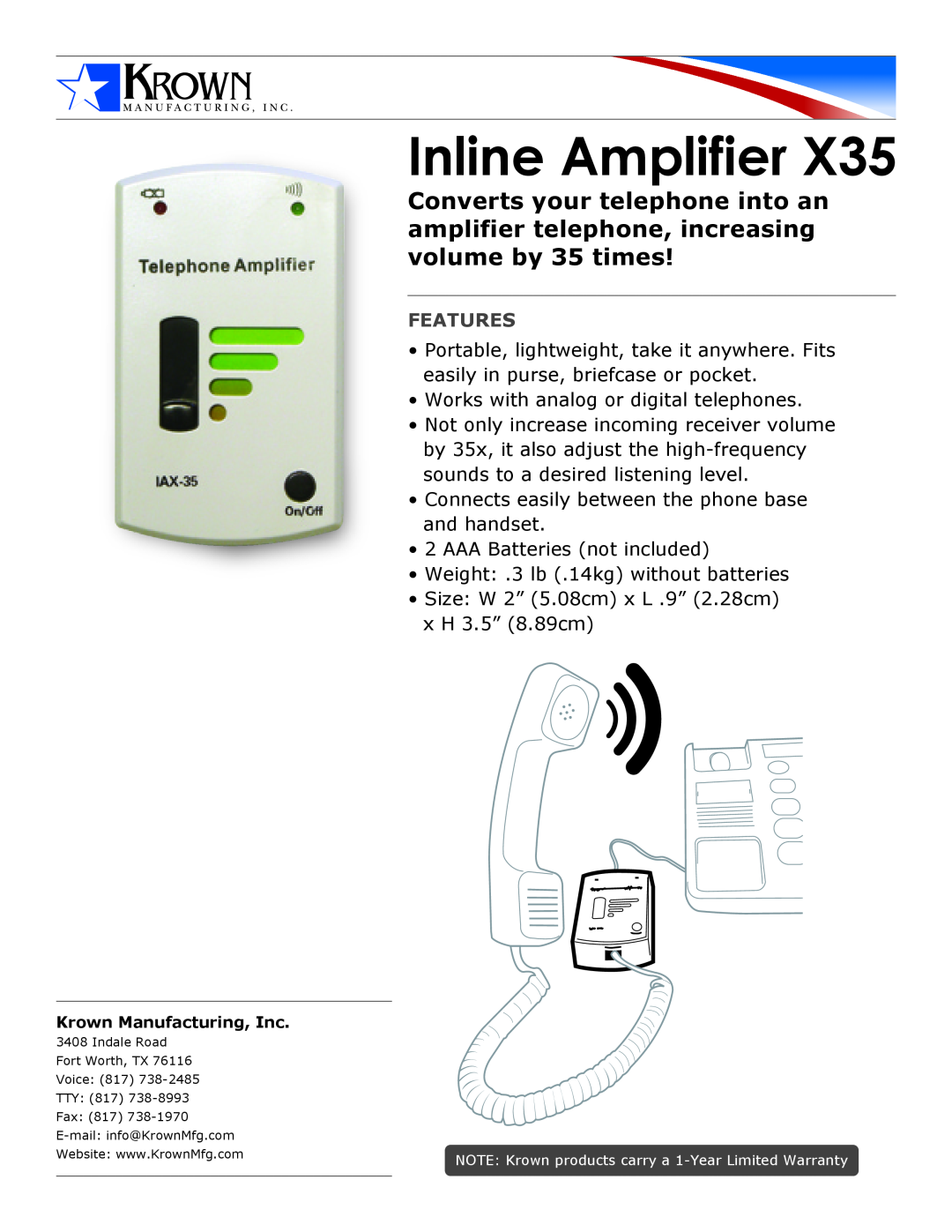 Krown Manufacturing X35 warranty Inline Amplifier, Features 