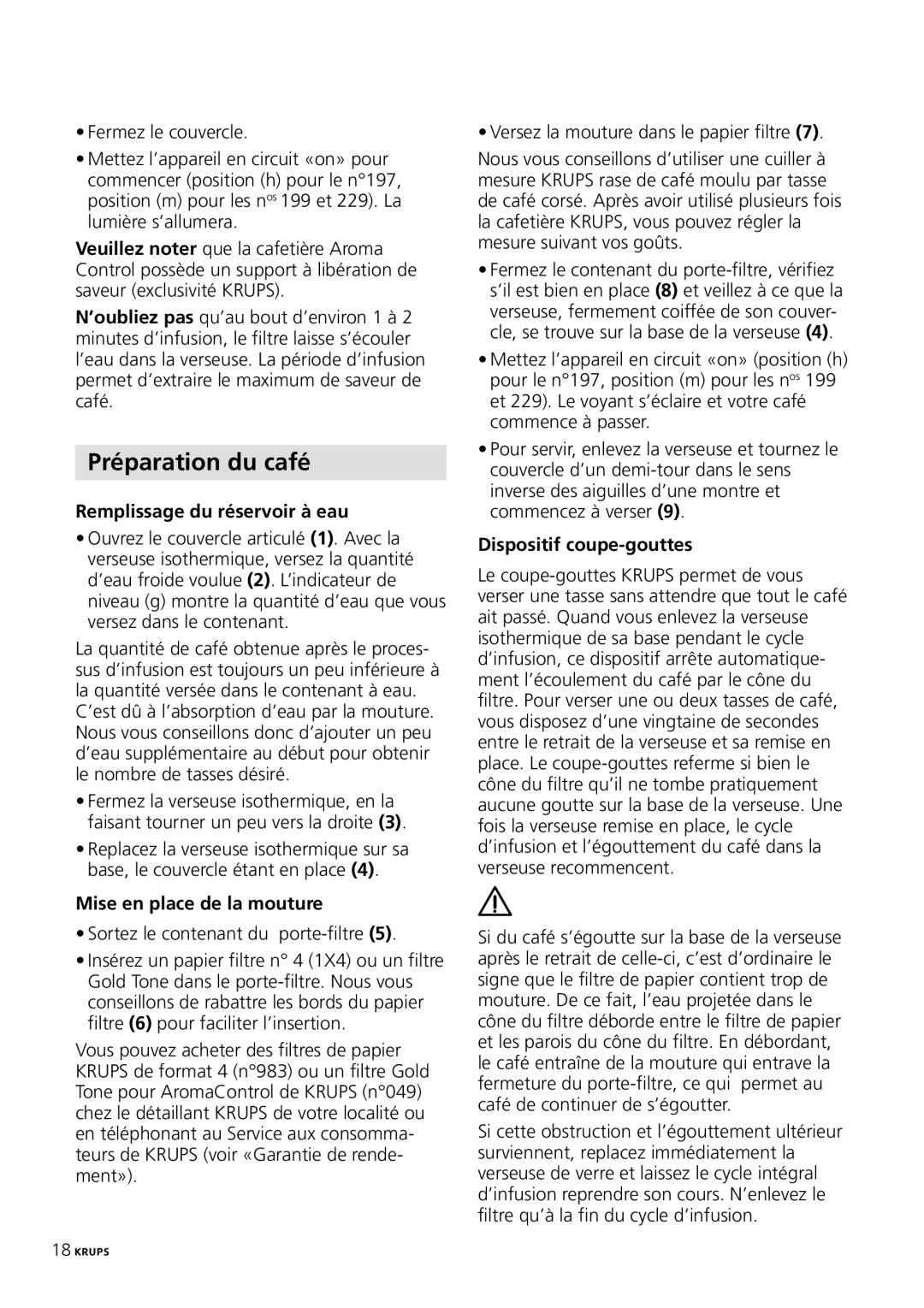 Krups 199, 229, 197 manual Préparation du café, Remplissage du réservoir à eau, Mise en place de la mouture 